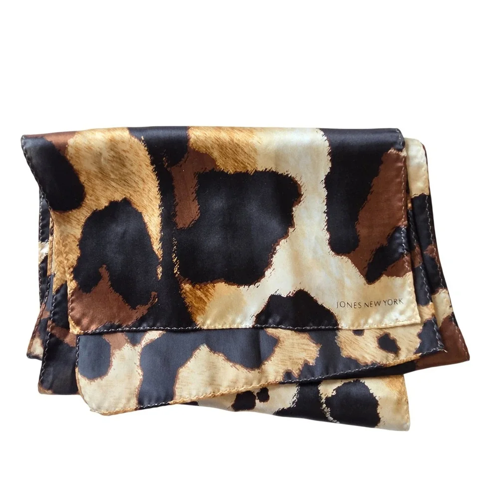 Jones New York Leopard Animal Print Satin Scarf 60x10 Brown Black Tan Long